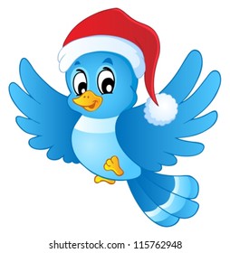 Ave azul en sombrero de Navidad - ilustración vectorial.