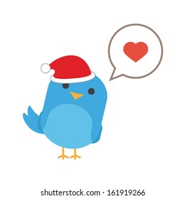 Blue bird with comic balloon and santa hat