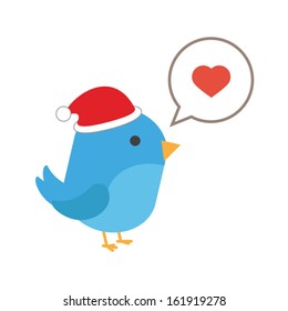 Blue bird with comic balloon and santa hat