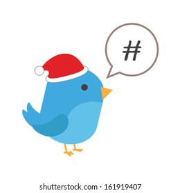Blue bird with comic balloon and santa hat