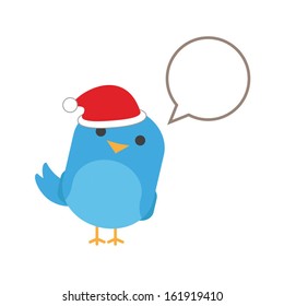 Blue bird with comic balloon and santa hat