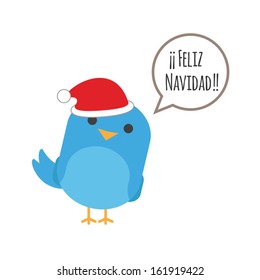 Blue bird with comic balloon and santa hat