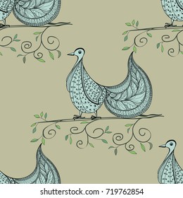Blue bird, covered with ornaments, sitting on a branch, on a taupe background