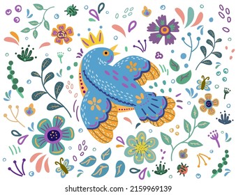 Blue bird in a crown with folk flower elements. Hand drawn illustration.
