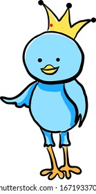 Blue bird with crown, illustration, vector on white background.