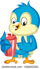 Blue bird drinks from red cup, illustration, vector on white background.