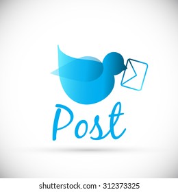 Blue bird with envelope icon. Vector logo. Isolated on white background