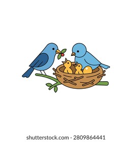 Blue bird family caring for chicks in a nest on a branch. Colorful flat illustration featuring two blue birds tending to two yellow chicks and an egg in a brown nest on a green branch. Ideal for children's books or nature education icons.