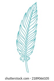 Blue bird feather. Soft and fluffy plumelet. Outline Indian plume. Vector illustration isolated on white background