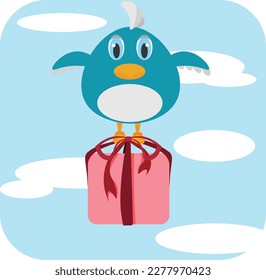 A blue bird in flight with a gift in its paws