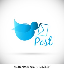 Blue bird fly with envelope. Vector logo. Isolated on white background