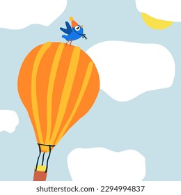 A blue bird is flying in a balloon, vector illustration
