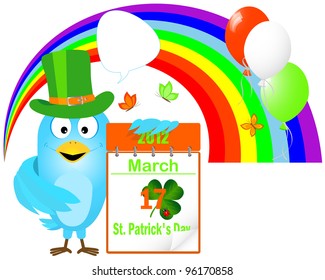 Blue Bird in a green hat with icon a calendar with shamrock against Rainbow, balloons and butterflies. Vector illustration.