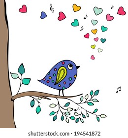 Blue bird, hand-drawn sitting on a tree branch with hearts notes.