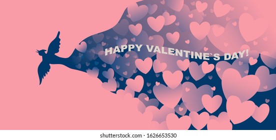Blue bird of happiness carrying hearts with wish of happy Valentine's day. Vector abstract illustration, art, poster, background, postcard pink on blue.