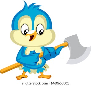 Blue bird is holding an axe, illustration, vector on white background.