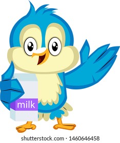 Blue bird is holding milk, illustration, vector on white background.