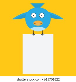 A blue bird holds a banner in its paws