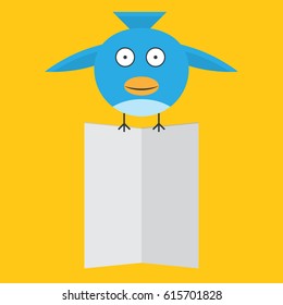 A blue bird holds a leaf for text
