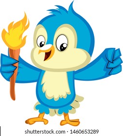 Blue bird holds a torch, illustration, vector on white background.
