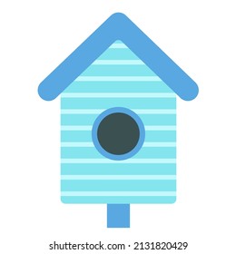Blue bird house, cute illustration in cartoon flat style. Spring concept. Wooden bird feeder. Bird day, nature protection. Crafts made of wood and nails. 