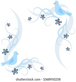 Blue Bird Illustration Vector Design, Ornate Flower and Bird Frame or Border