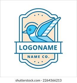 Blue bird logo line design retro style. Minimalistic and modern with a bird silhouette. Idea for brand identity. Vector outline logo.Vintage travel sticker.