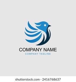 A blue bird logo on a white background