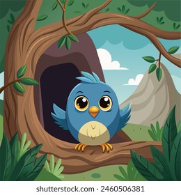 A blue bird is looking out of a hole in the forest