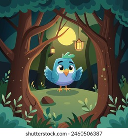 A blue bird is looking out of a hole in the forest