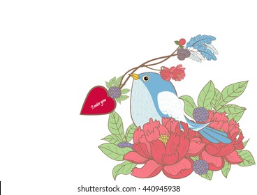 blue bird love arrow and peony flower vector,love concept