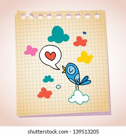 blue bird love message note paper cartoon sketch