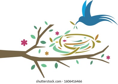 Blue bird making nest in tree branch illustration 