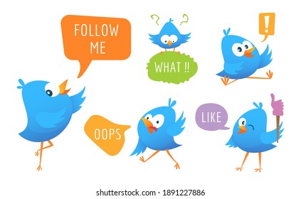 Blue bird messages. Cartoon animal with speech bubbles, social media cute stickers vector set