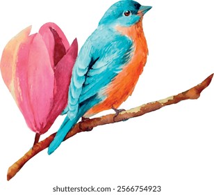 Blue bird on a branch of magnolia. Watercolor handmade illustration. Vector objects.