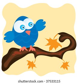 Blue bird on a branch with orange maple leaves. Vector illustration.