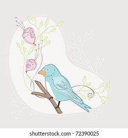 Blue Bird on a branch A vector illustration of a bird on a branch with flowers and vines.