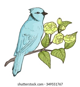 Blue bird on a flowering branch.  Pattern for banners, flyers, card, 
advertising, invitations, prints.