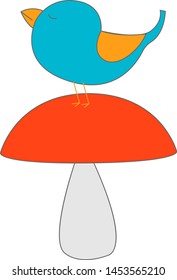 Blue bird on mushroom, illustration, vector on white background.