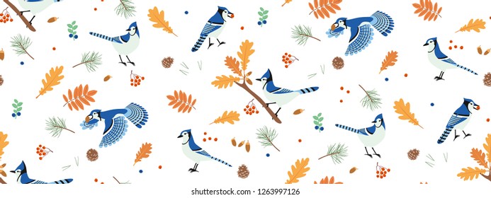 Blue bird on a white background with leaves of oak, rowan, pine branches, acorns, berries. Seamless pattern.