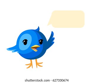 Blue bird on a white background with a dialogue cloud a symbol the character. dark blue lovely baby bird vector flat illustration.