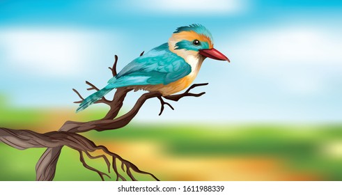 Blue bird on wooden branch with sky background illustration