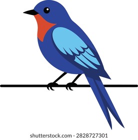 A blue bird with orange neck and light blue wings perched on a black wire looking left