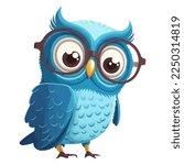blue bird owl in big glasses for sight. smart animal. flat vector illustration.