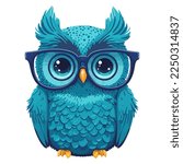 blue bird owl in big glasses for sight. smart animal. flat vector illustration.