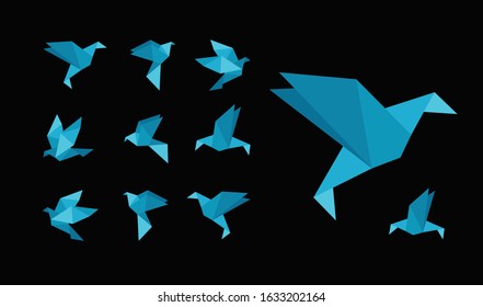 blue bird paper craft flying in frame art set, isolated on black background. bird flying set design.