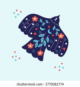 Blue bird pigeon decorated with flowers and twigs with leaves flies. Bright colorful vector illustration in cartoon style on a light background. Dove of peace