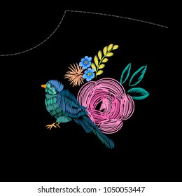 Blue Bird and Pink Rose embroidery on black background. Decorative floral embroidery. Vector illustration