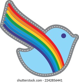 Blauer Vogel mit Regenbogenflügel. Farbzeichen für Frieden