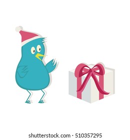 Blue bird in Santa hat and present. Vector illustration.